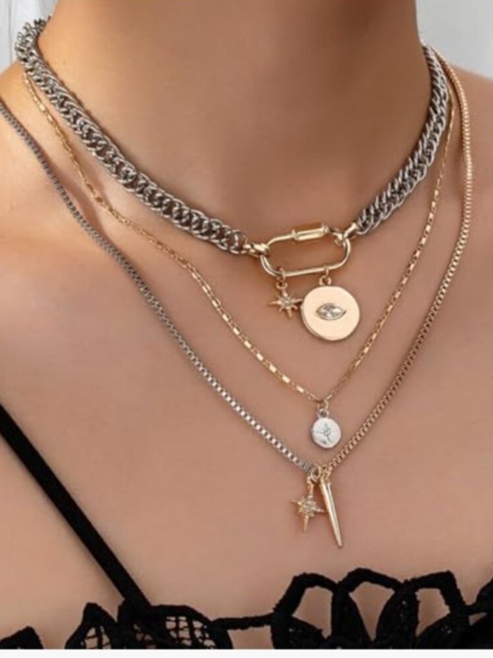 Mixed Metal Layered Necklace Set Star Spike Coin Evil Eye Pendant new